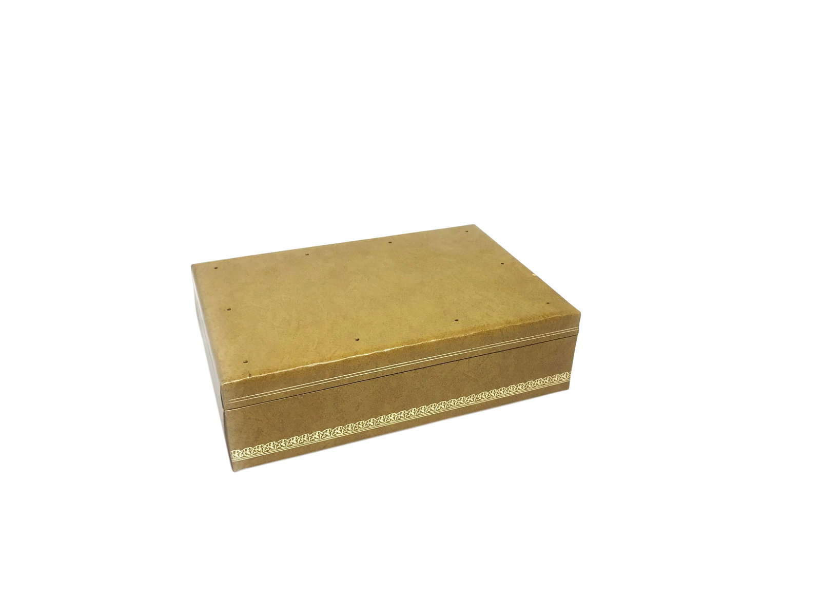 Vintage Swedish Mid Century Design Philipp Leatherette Jewelry Box: Vintage mid century Design Philipp leatherette jewelry box, made in Sweden. This beautiful box is made of wood and covered in a beige / light brown leatherette with gold scroll work and line word