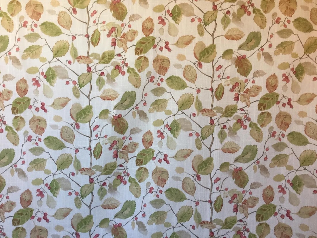 Sanderson Woodland Berries Print Fabric Remnant: For sale is a remnant of a Sanderson fabric fabric "Woodland Berries" color Rosehip/Moss. The pattern is 225530. The piece is 55" wide and 62" long. The pattern repeat is 12.6" vertical, and the horiz