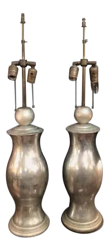 Hollywood Regency Style Hurricane Silve Leafed Glass Lamps - a Pair: These are a great pair of vintage Table lamps. They are very Hollywood Regency style. They are silverleafed tall Glass Hurricane that have been turned into table lamps. Condition: Alterations: Origina