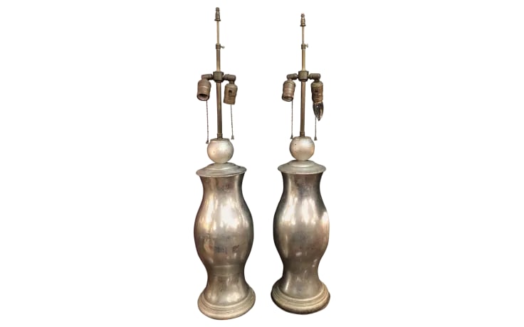 Hollywood Regency Style Hurricane Silve Leafed Glass Lamps - a Pair - 3