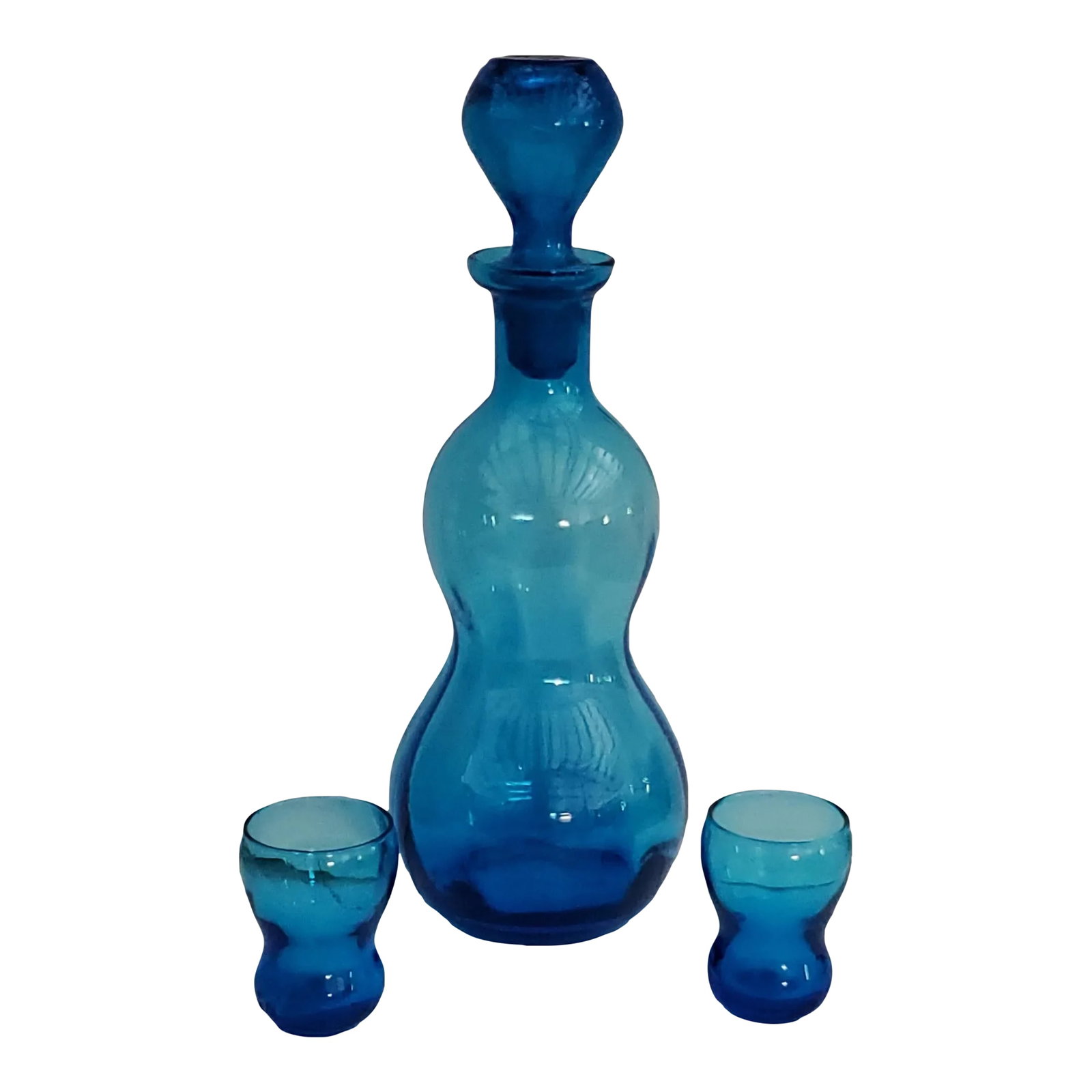 Vintage Turquoise Hand-Blown Hourglass Shaped Glass Decanter With 2 Matched Shot Glasses- 3 Pieces (1 of 11)