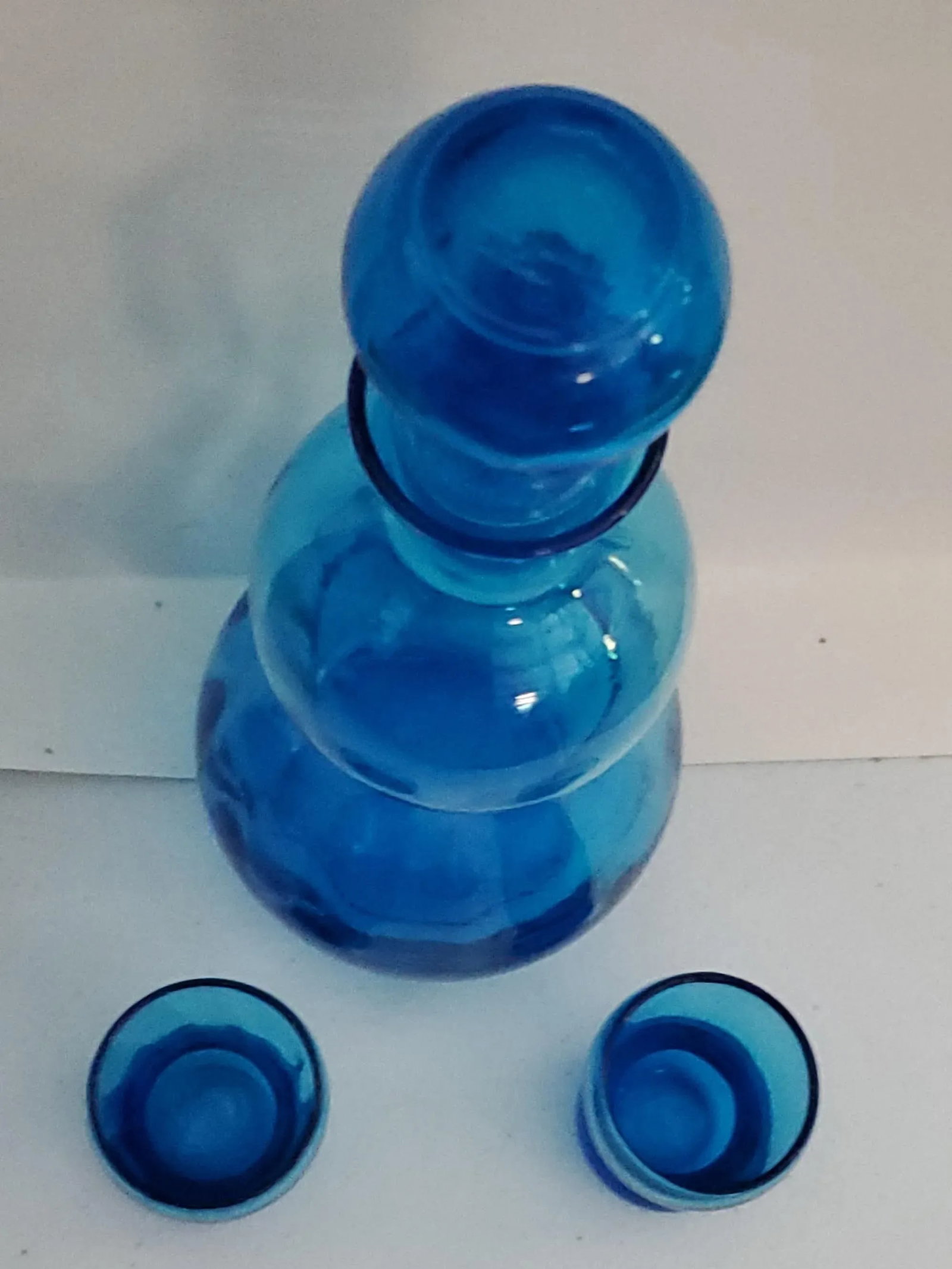 Vintage Turquoise Hand-Blown Hourglass Shaped Glass Decanter With 2 Matched Shot Glasses- 3 Pieces - 3
