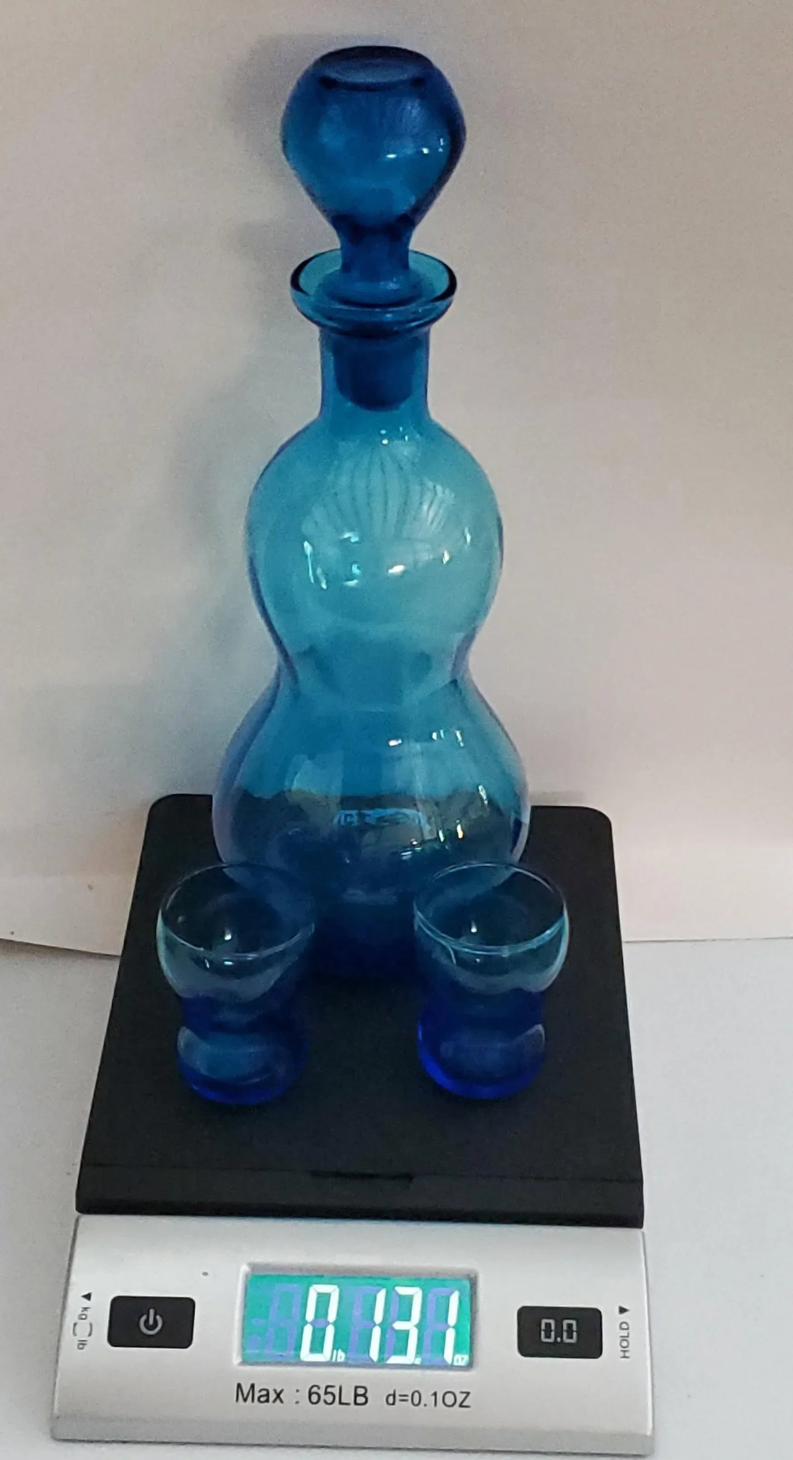 Vintage Turquoise Hand-Blown Hourglass Shaped Glass Decanter With 2 Matched Shot Glasses- 3 Pieces - 9