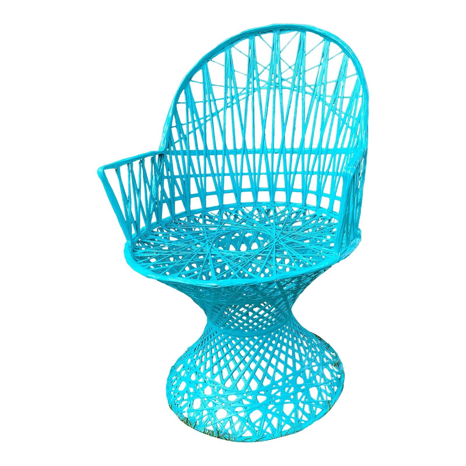 Vintage 1950s Peacock Fiberglass Spun Outdoor Chair: Gorgeous newly painted vintage 1950s fiberglass spun Peacock outdoor chair. Chair: 20"W x 19.5"D x 36"H Seat: 18"D x 18"H Armrest: 24"H Condition: Alterations: Original Design Modified Imperfections: