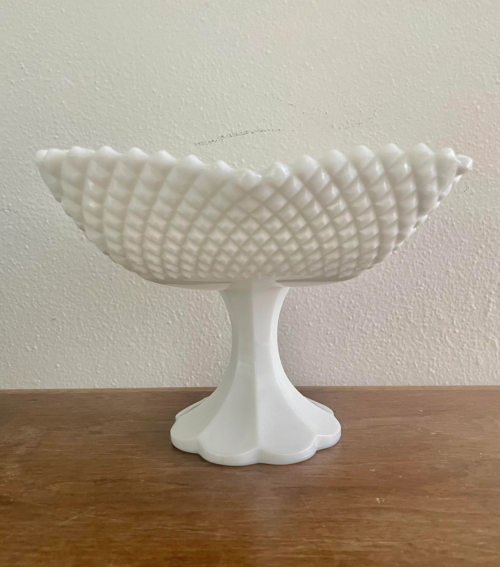 Vintage Westmoreland Square English Hobnail Milk Glass Pedestal Bowl - 8