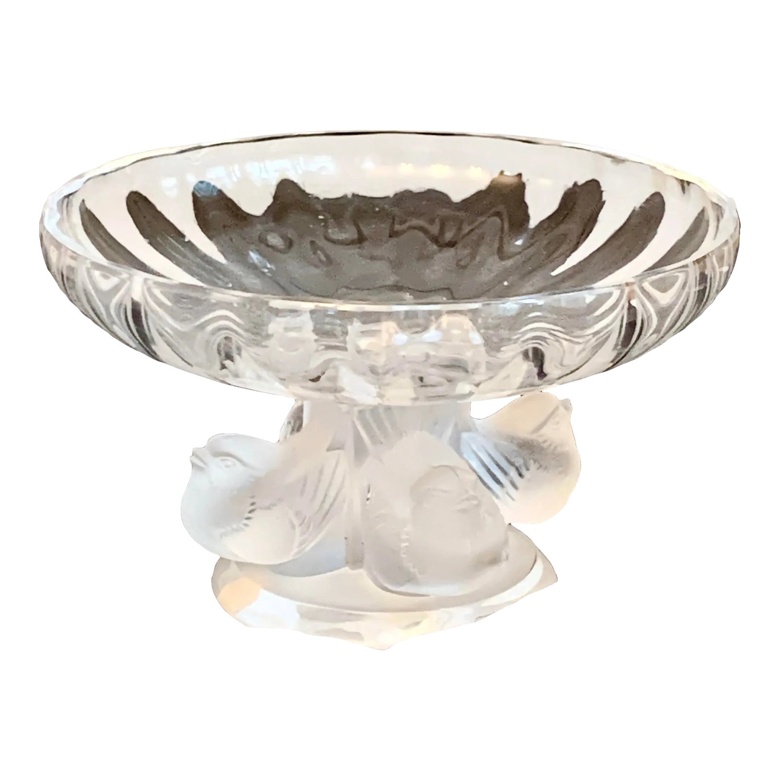 1970s Lalique Crystal Decorative Dish: Vintage frosted glass by Lalique. Decorative dish for candy on your coffee table or earrings on your bathroom counter. This piece is vintage from the 70s. It's in perfect condition. Condition: