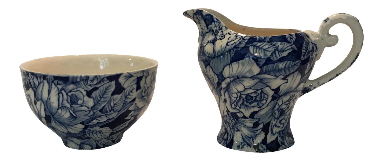 Mott Sons & Co. Bermuda Blue Chintz Pattern Creamer & Sugar - A Pair: Creamy and sugar circa 1930's, a lovely and rare example of Blue chintz. No chips, no grazing. Condition: Alterations: Original Condition Unaltered Imperfections: Some Imperfections Condition Notes: