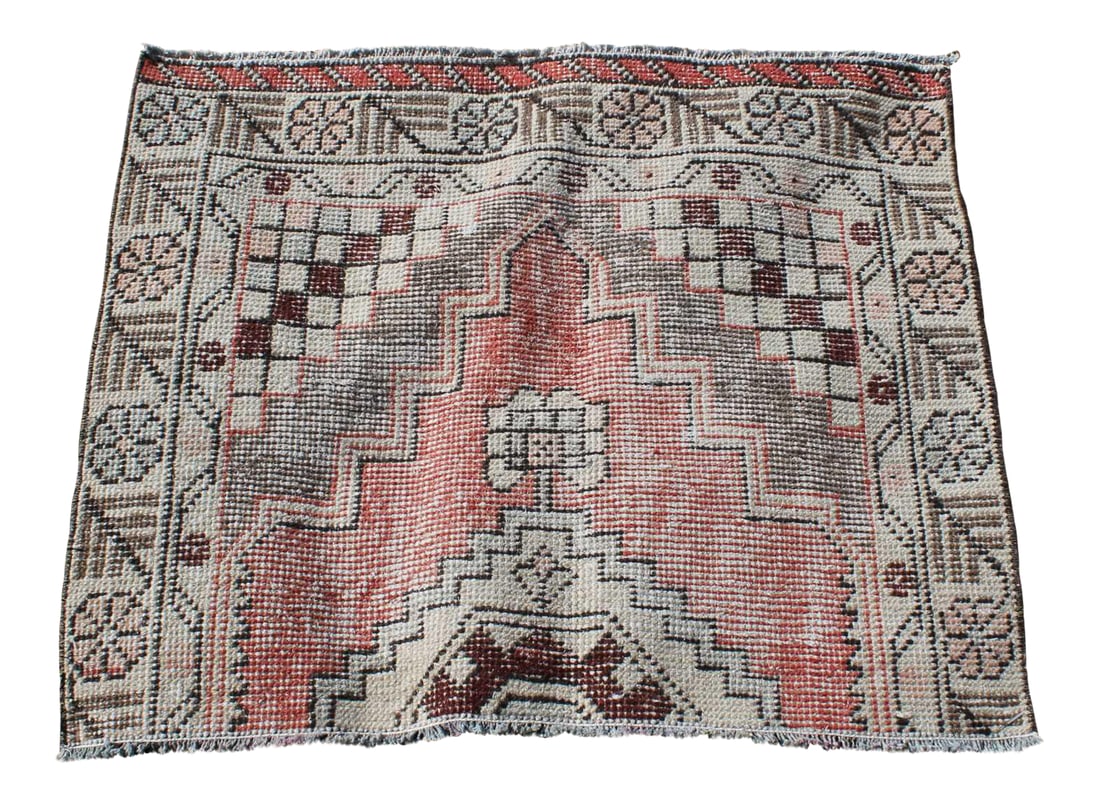 1970s Turkish Cream Oriental Hand Knotted Small Rug: size: 2.4 X 2.8 Ft ( 73 x 86 cm ) 29 X 34 Inches color: multi color material: 100% wool all rugs are handwoven by traditional tribes of anatolia turkey. Each and every rug has an attached story with