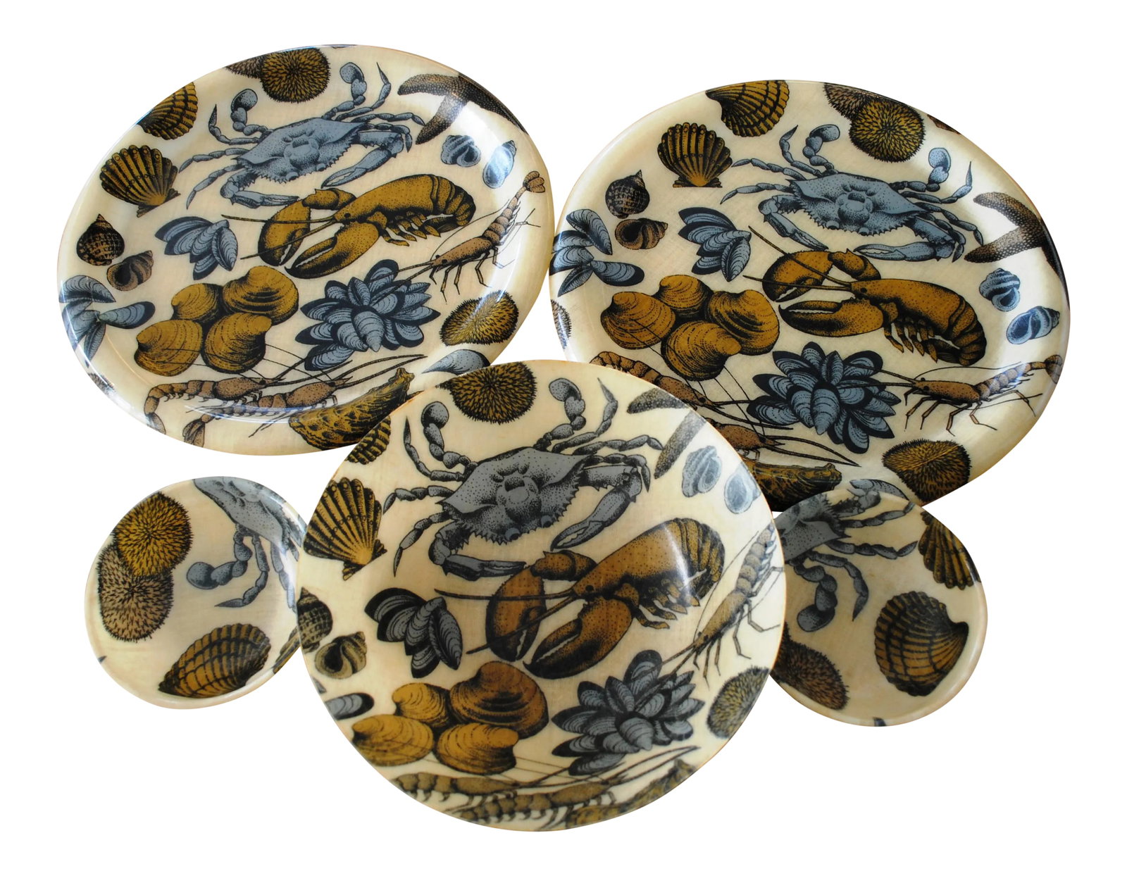 Mid 20th Century Spun Fiberglass Nautical Themed Serving Set of 5: Vintage Fiberglass Seafood Serving Set Contains 2 - 15" diameter platters 2 - 6" diameter bowls 1 - 11" serving bowl Great seafood motif: shrimp, crab, lobster, scallops, oysters, snails, mussels,