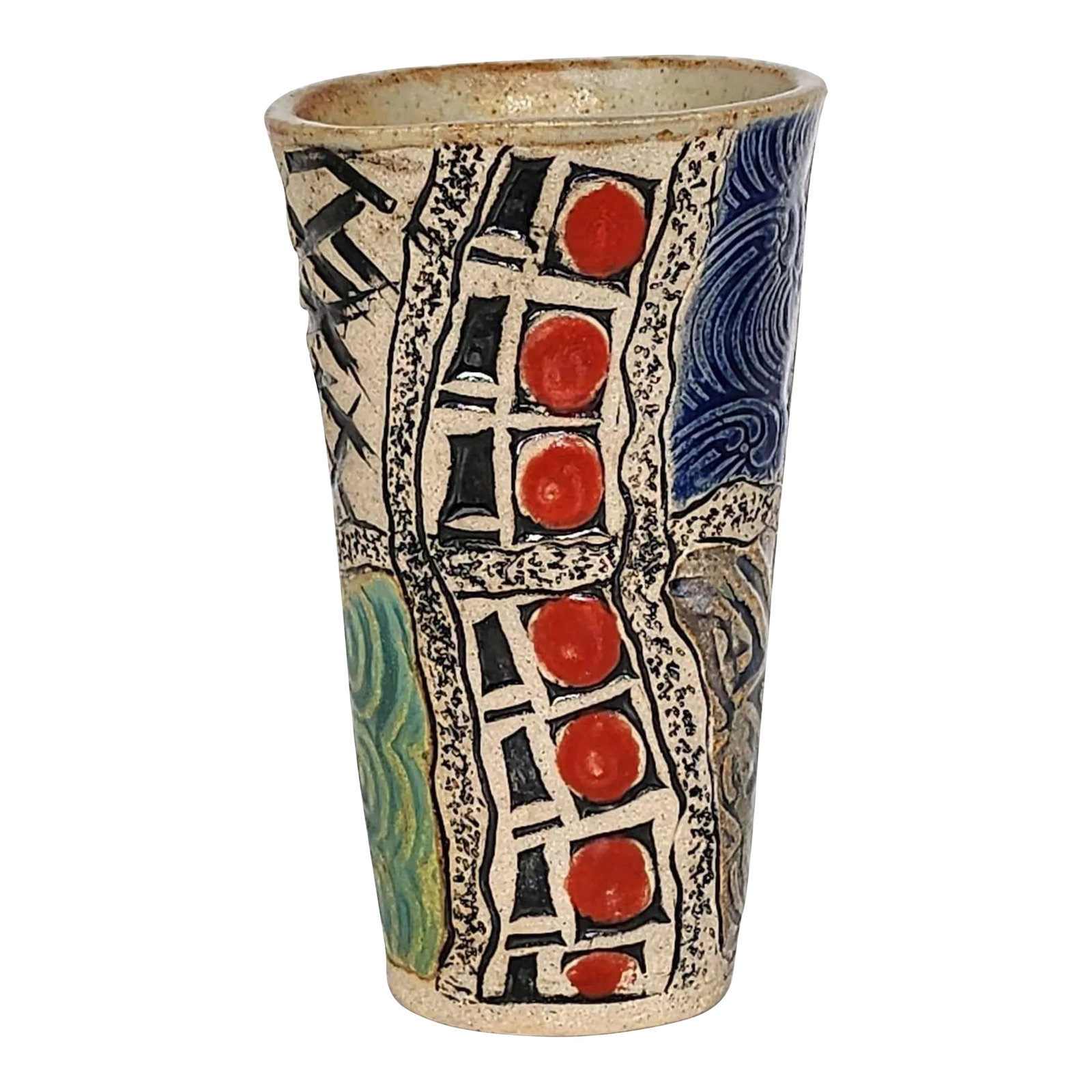 Mid 20th Century Artist Signed Studio Pottery Sgraffito Vase: Offered is a mid 20th Century 1960s sgraffito glazed stoneware vase, signed by the artisan. It is glazed in a soft beige on the inside with a swirl design on the bottom, and the exterior is an elabora