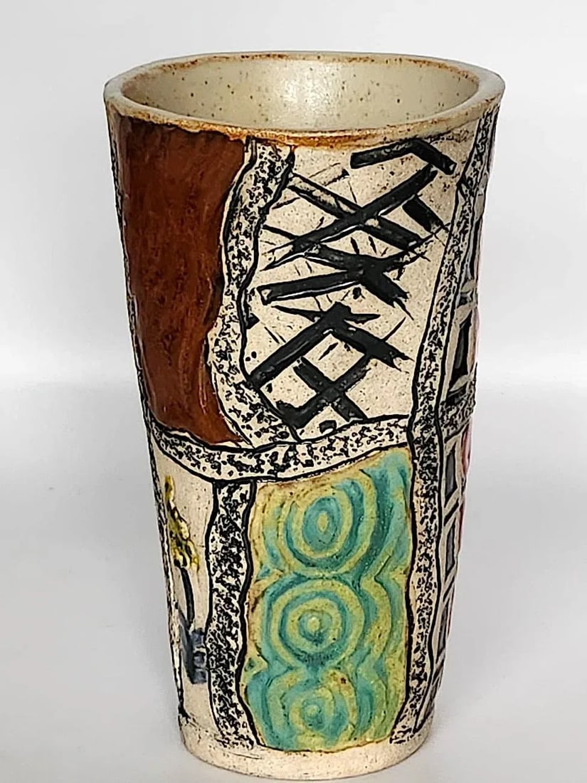 Mid 20th Century Artist Signed Studio Pottery Sgraffito Vase - 3