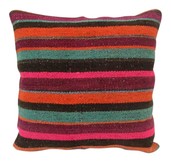 Handmade Striped Kilim Pillow: This is a pillow cover made from a vintage kilim rug. The piece was properly washed and ready to use. Pillow inserts not included. Condition: Alterations: Original Condition Unaltered Imperfections: