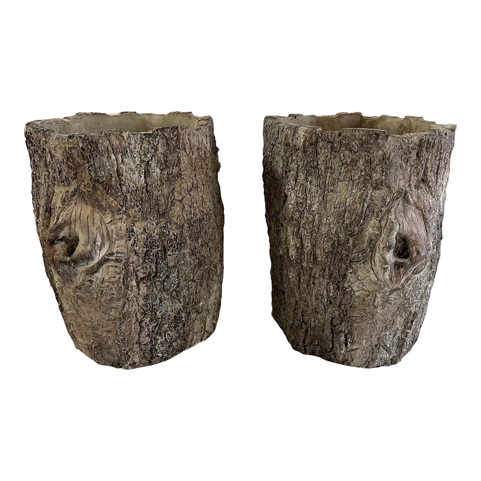 French Style Faux Wood Tree Stump Planters - a Pair: These ceramic planters/cache pots/ or jardinieres are beautifully well made with detailed realistic texture and real life patina. Perfect for indoors or out. Manufacturer unknown. Condition: