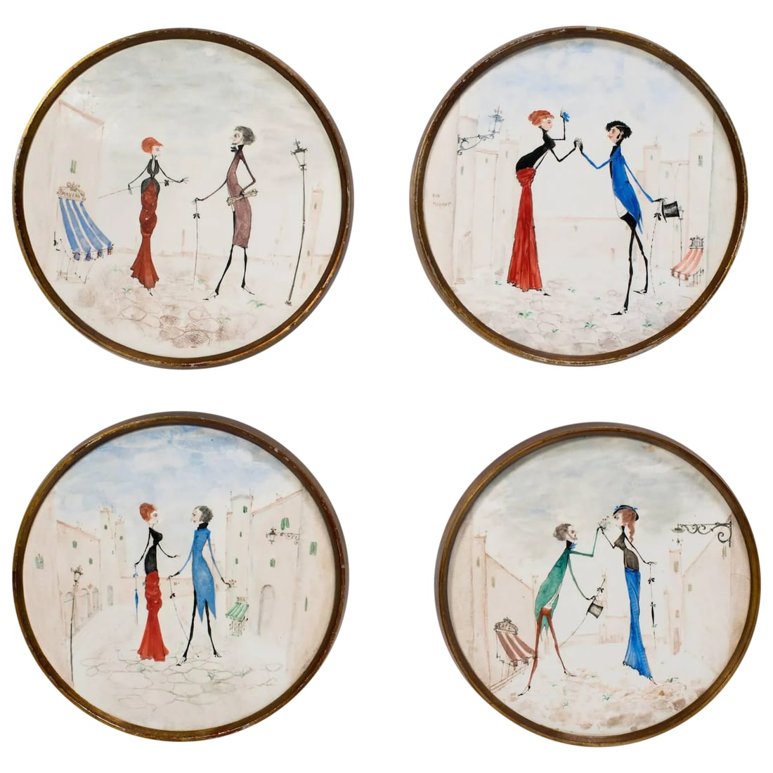 Four Italian Hand-Painted Ceramic Plaques in Brass Frames by Pallad: Four Italian hand-painted whimsical ceramic plaques in brass frames from the 1960s. Condition: Alterations: Original Condition Unaltered Imperfections: Some Imperfections Condition Notes: Good Wear