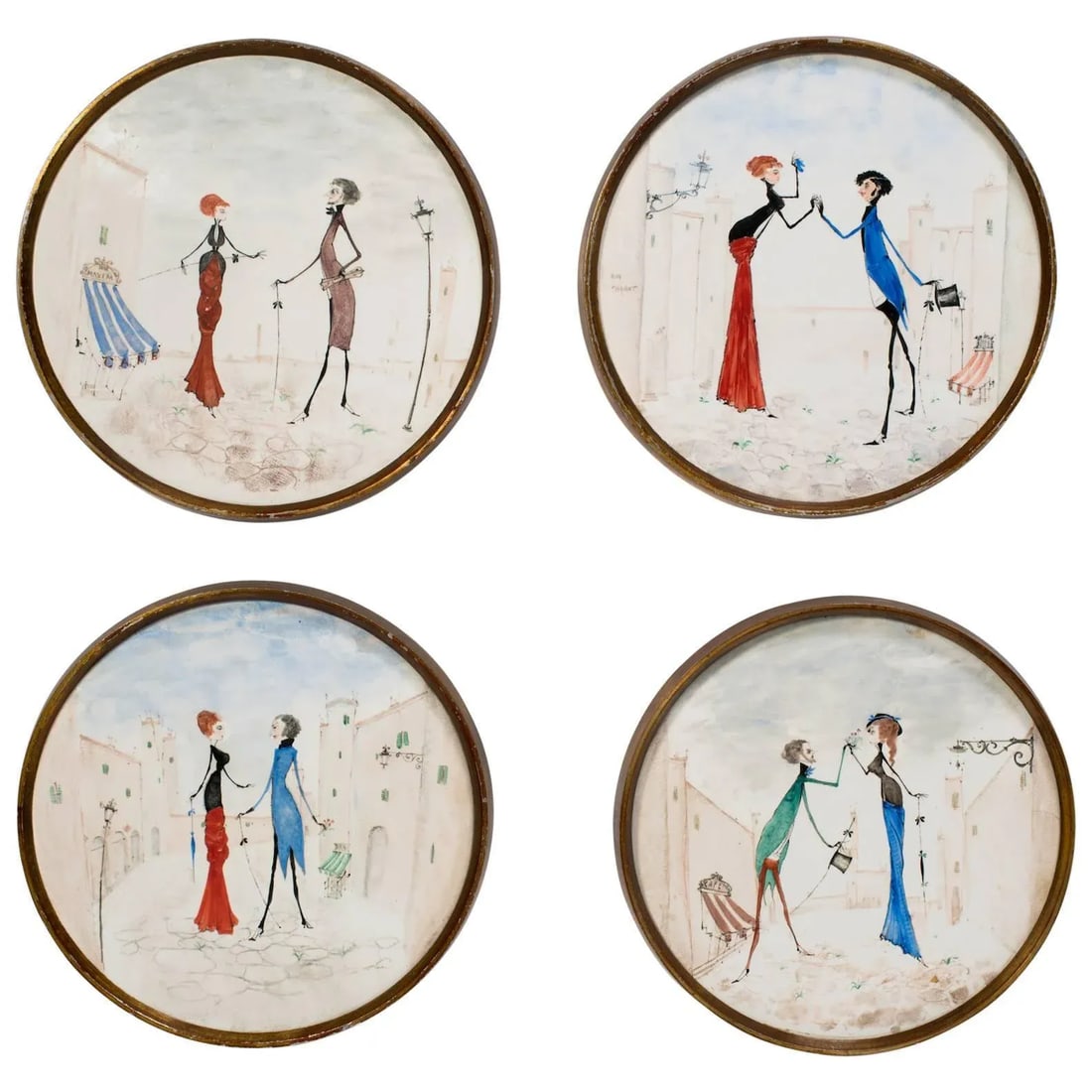 Four Italian Hand-Painted Ceramic Plaques in Brass Frames by Pallad - 9