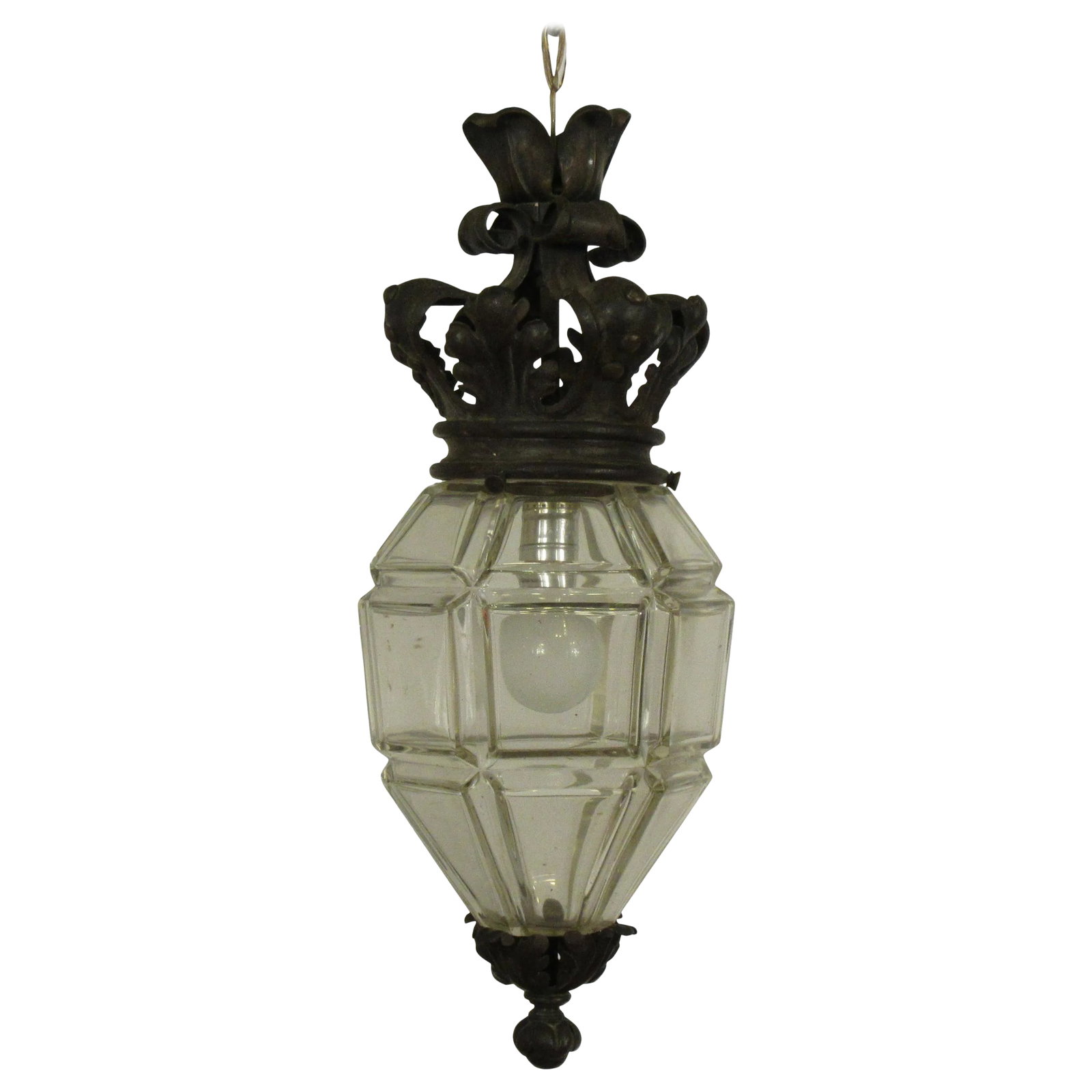 1920s Glass Lantern With Crown Top: 1920s glass lantern with crown top. Needs rewiring. Condition: Alterations: Original Condition Unaltered Imperfections: Some Imperfections Condition Notes: Good Wear consistent with age and use.
