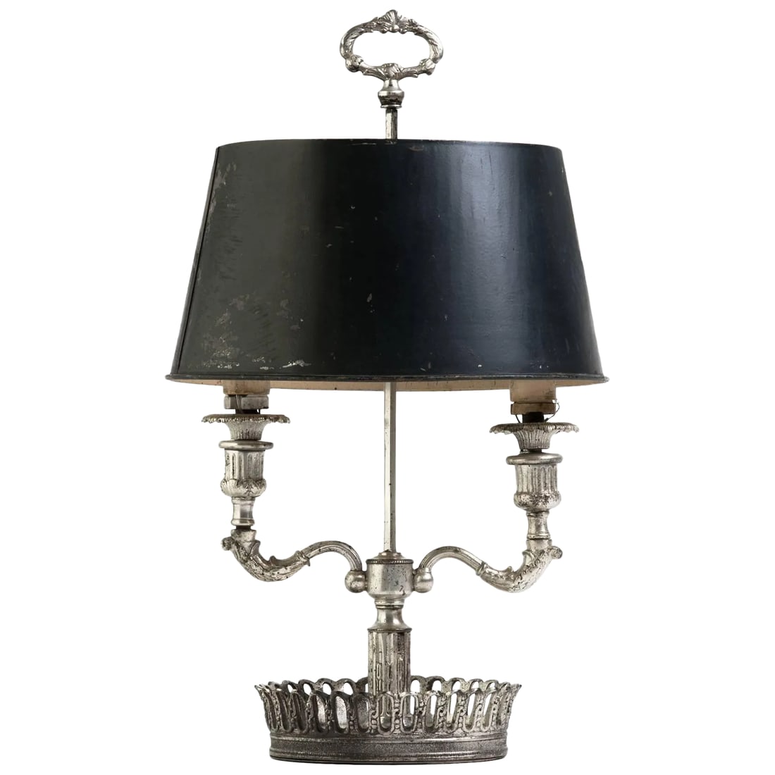Turn of the Century French Silver Plate Bouillotte Lamp: Turn of the century silver plate Bouillotte lamp with tole shade. Condition: Alterations: Original Condition Unaltered Imperfections: Some Imperfections Condition Notes: Fair Height is to top of