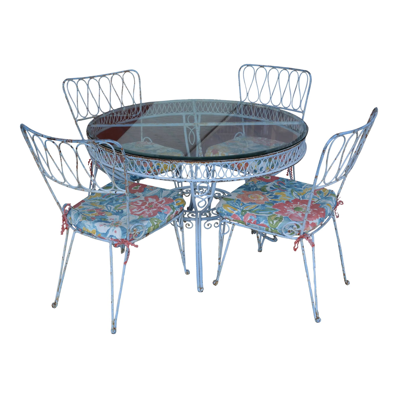 Vintage Rene Prou Style Wrought Iron Round Glass Top Patio Table & 4 Chairs: This is a heavy vintage wrought iron set. I do not know the maker/brand. Feels like the powder coated steel I have seen. The beveled glass top is new. Cushions were with it when found & look