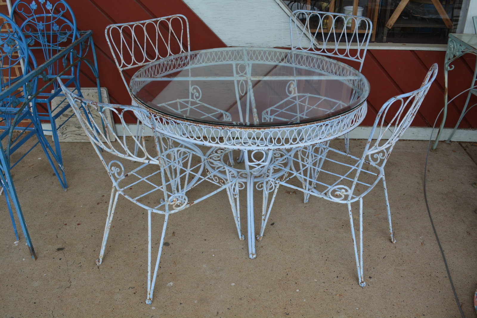 Vintage Rene Prou Style Wrought Iron Round Glass Top Patio Table & 4 Chairs - 6