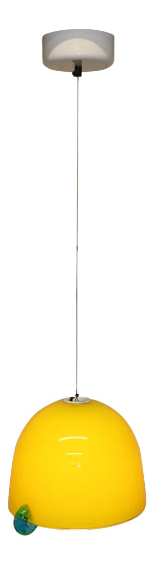 Mid-Century Modern Pendant Lamp Murano Yellow Glass: Murano Pendant Lamp. Hand Blown Yellow Glass with Aqua Ring Accents. Designed by Ufficio Tecnico for ITRE. Dimensions: Glass diameter 10-1/2", height 8-7/8", total height 72" Wattage: 100W E26
