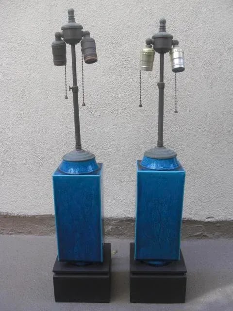 Vintage Blue Rectangular Ceramic Lamps With Asian Floral Etched Design and Silk Shades - a Pair - 3