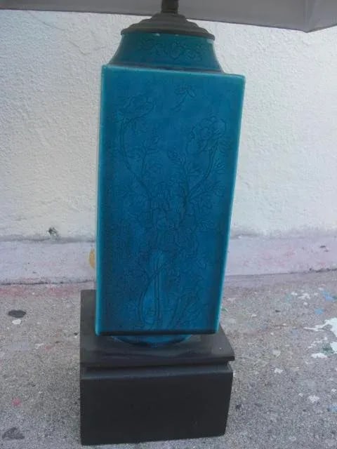 Vintage Blue Rectangular Ceramic Lamps With Asian Floral Etched Design and Silk Shades - a Pair - 8