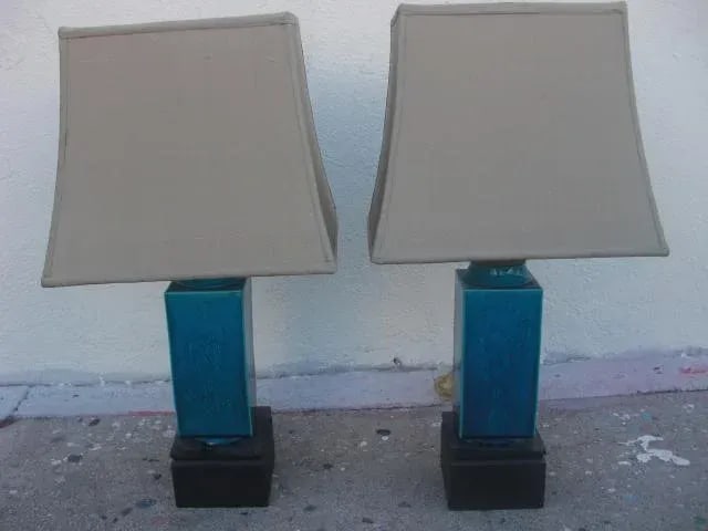 Vintage Blue Rectangular Ceramic Lamps With Asian Floral Etched Design and Silk Shades - a Pair - 9
