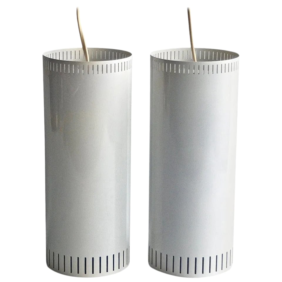 Pendants by Jo Hammerborg - a Pair: A pair of pendants by Jo Hammerborg for Fog and Morup, Sweden, circa 1960s. White enameled and perforated metal shades with single Edison style socket. Existing European wiring, rewiring available.