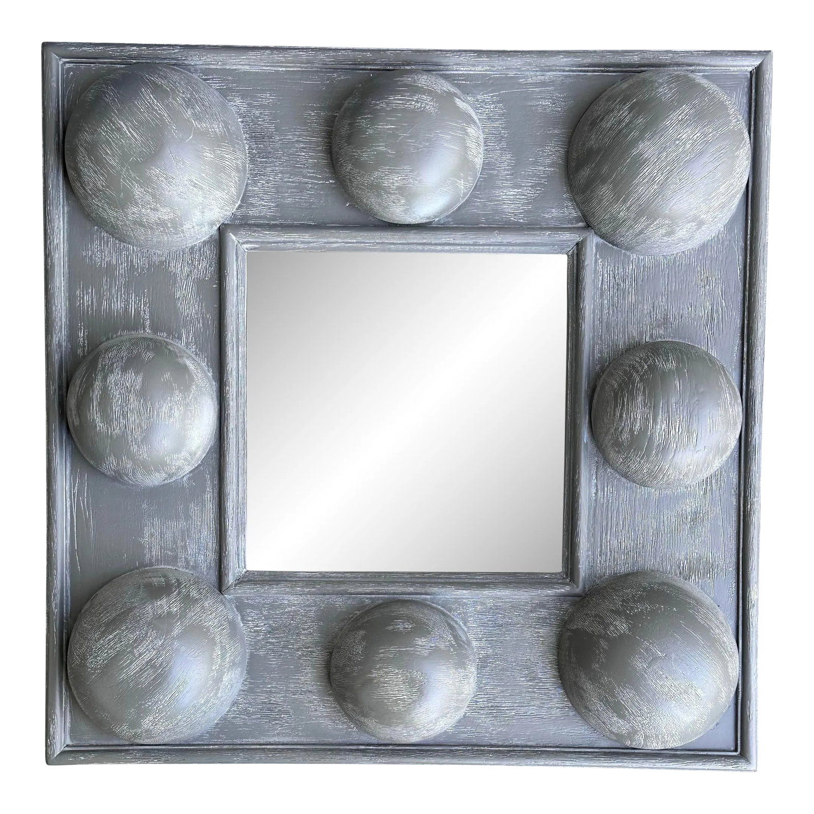 Square Boulder Mirror With Gray Wash Finish: Square shape Boulder mirror with gray wash finish attributed to CFC of Los Angeles from repurposed wood. It measures 24" square. Very good looking. Condition: Alterations: Original Condition