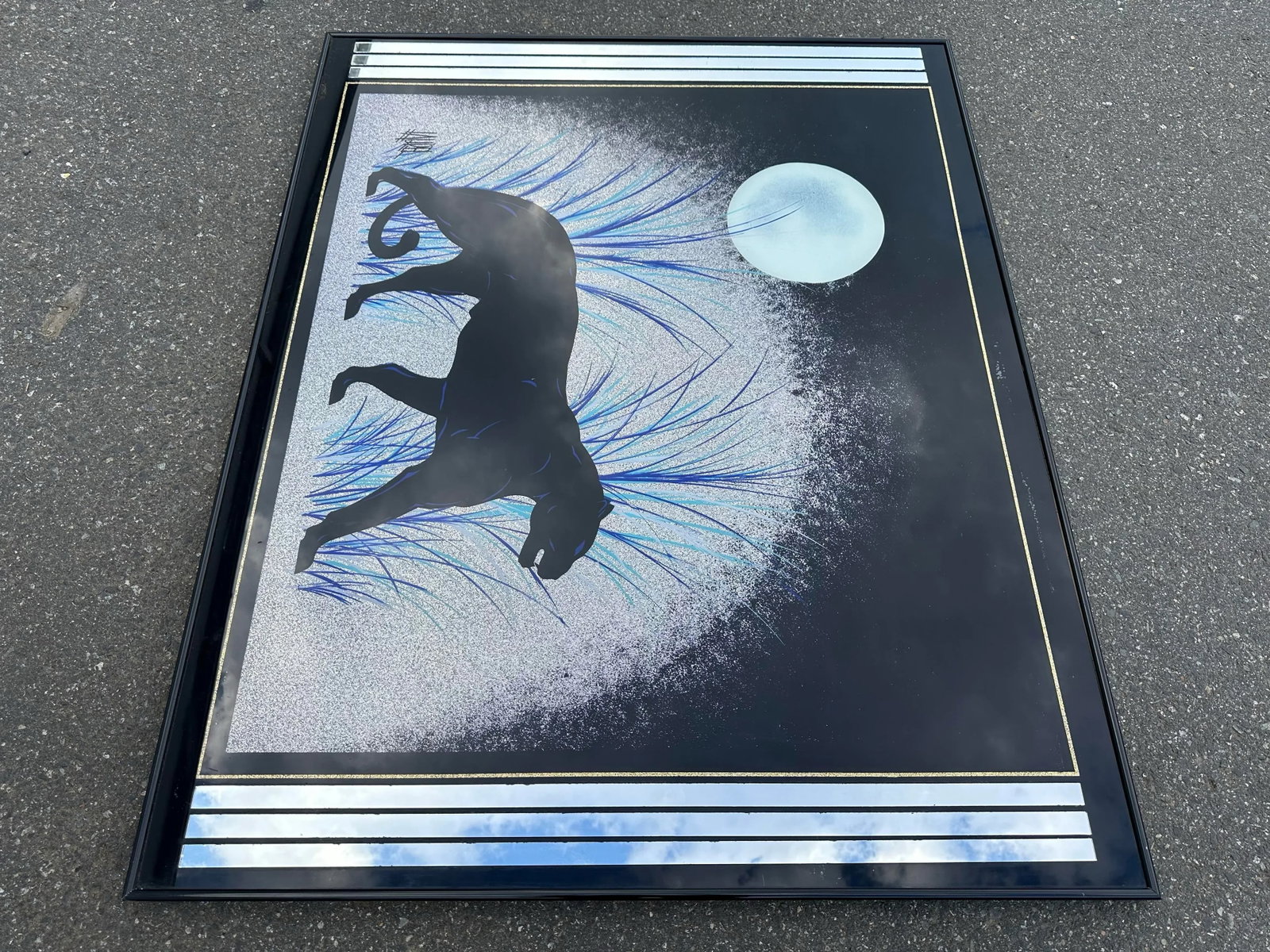1980s Art Deco Revival Style Panther Mirrored Reverse Glass Painting by Laurel Art Co., Framed - 2