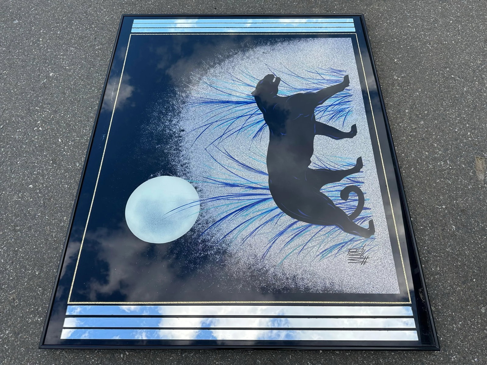 1980s Art Deco Revival Style Panther Mirrored Reverse Glass Painting by Laurel Art Co., Framed - 3