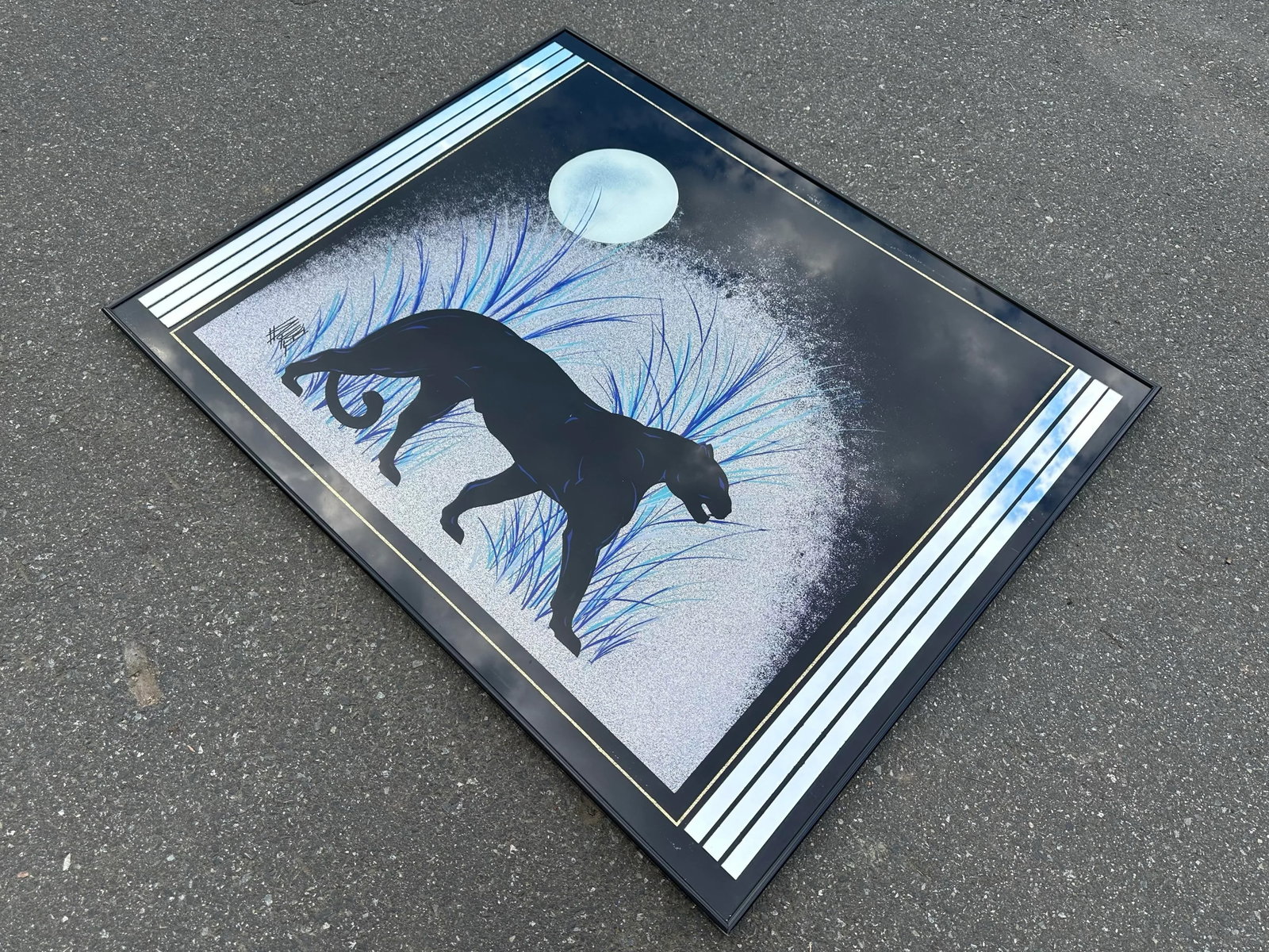 1980s Art Deco Revival Style Panther Mirrored Reverse Glass Painting by Laurel Art Co., Framed - 4
