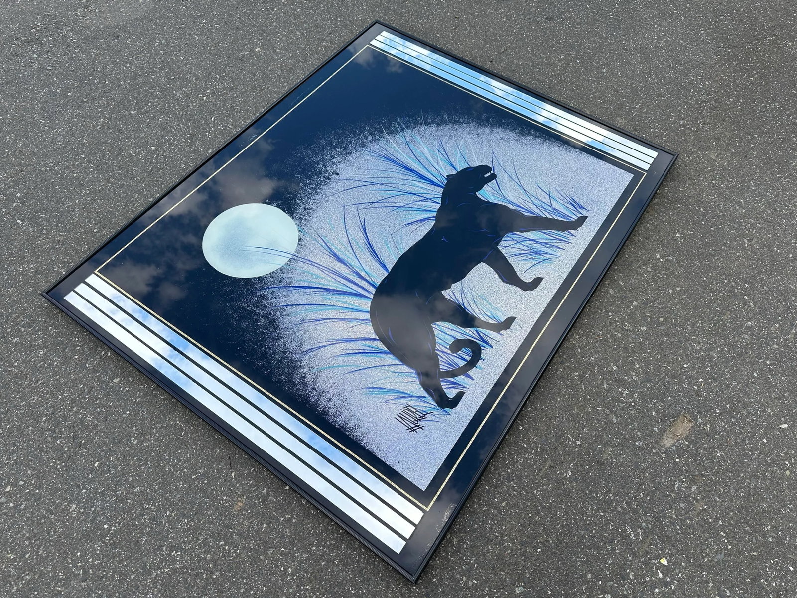 1980s Art Deco Revival Style Panther Mirrored Reverse Glass Painting by Laurel Art Co., Framed - 5