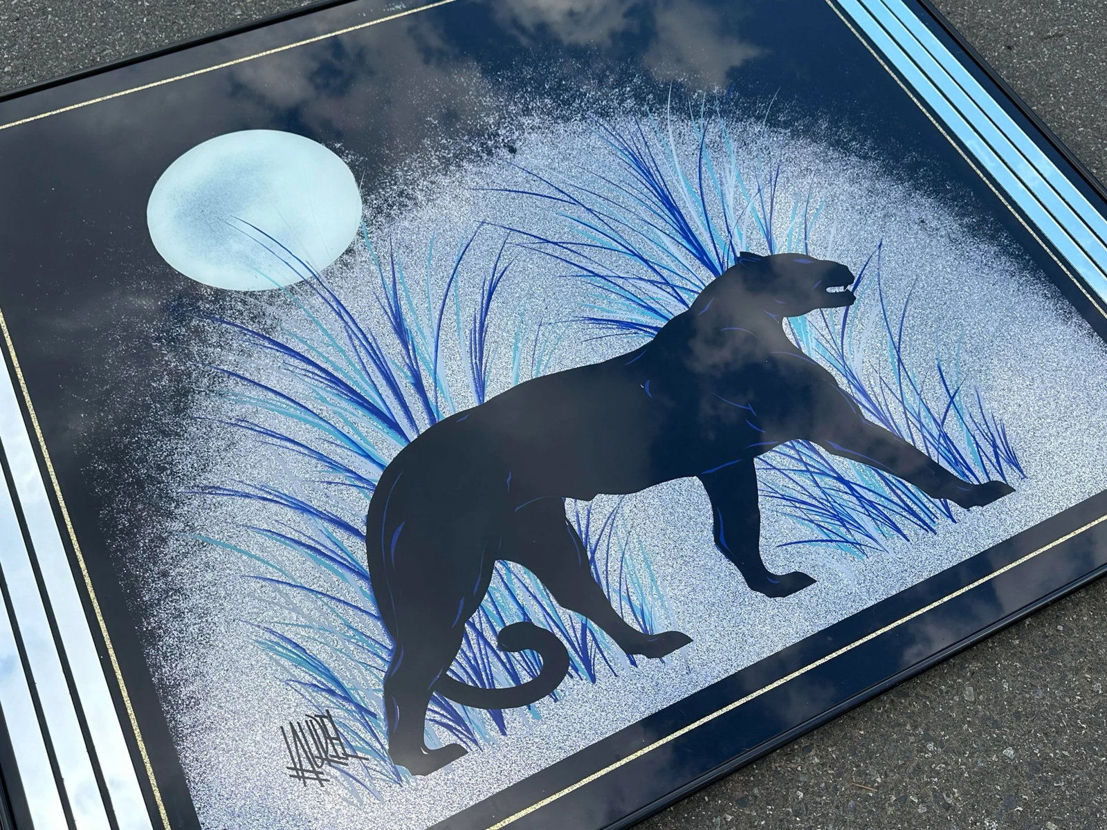 1980s Art Deco Revival Style Panther Mirrored Reverse Glass Painting by Laurel Art Co., Framed - 6