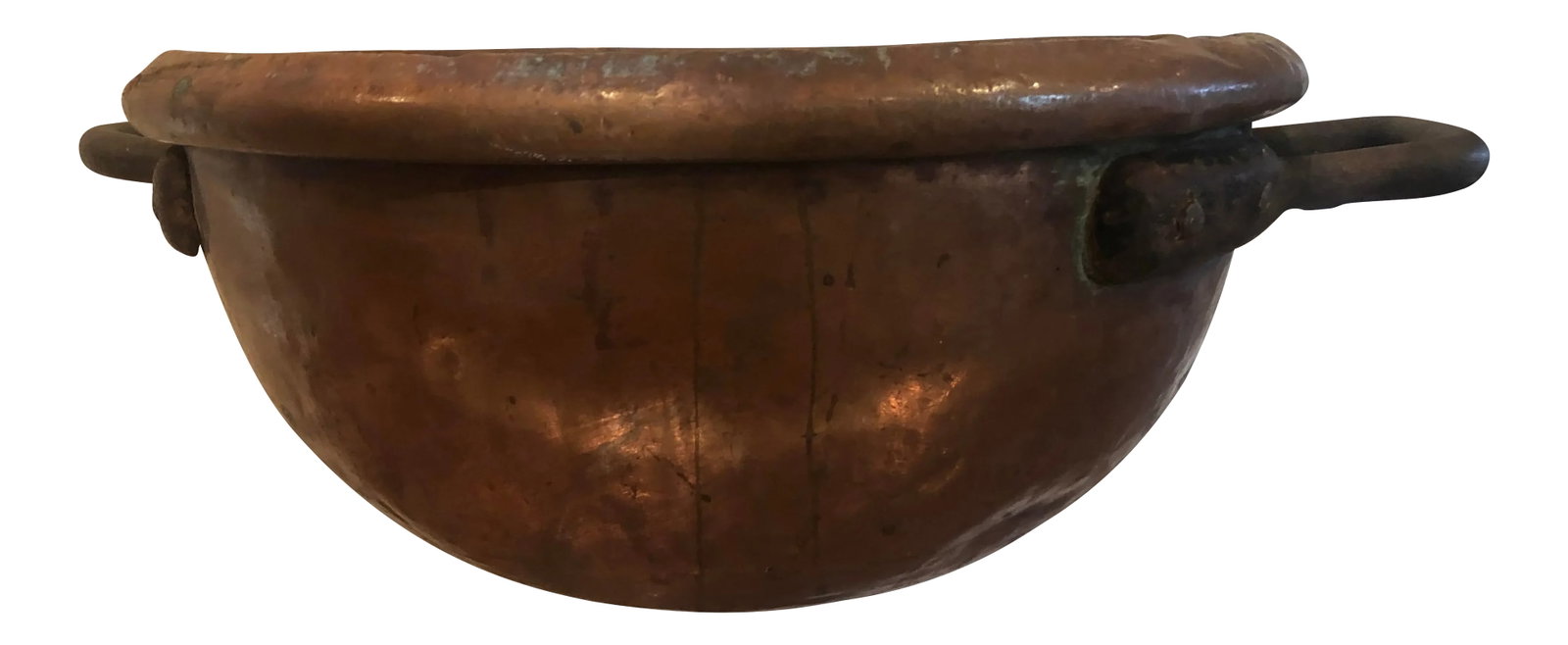 Large Antique French Copper Bowl: Antique French copper mixing bowl. This thing is massive and heavy. Hand hammered iron handles. Stunning in a collection of copper, as an entry way catchall or as a planter. Condition: Alterations: Or