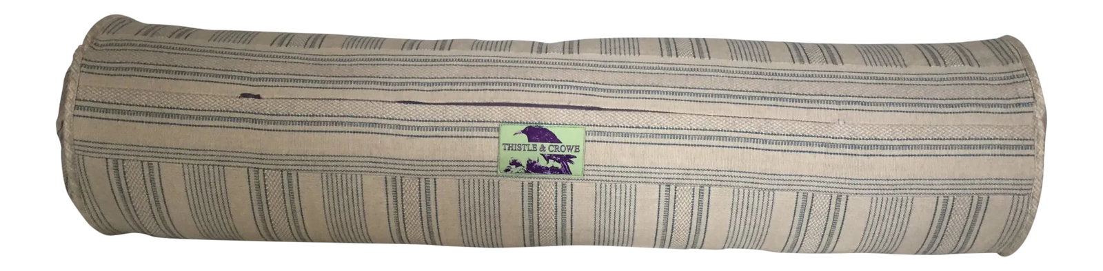Woven Stripe Cowtan Tout Fabric Bolster With 90/10 Down Insert: Delft blue and cream woven stripe fabric bolster. It is woven in cotton and linen. Includes custom sized feather down insert. Condition: Imperfections: No Imperfections Condition Notes: New. Custom