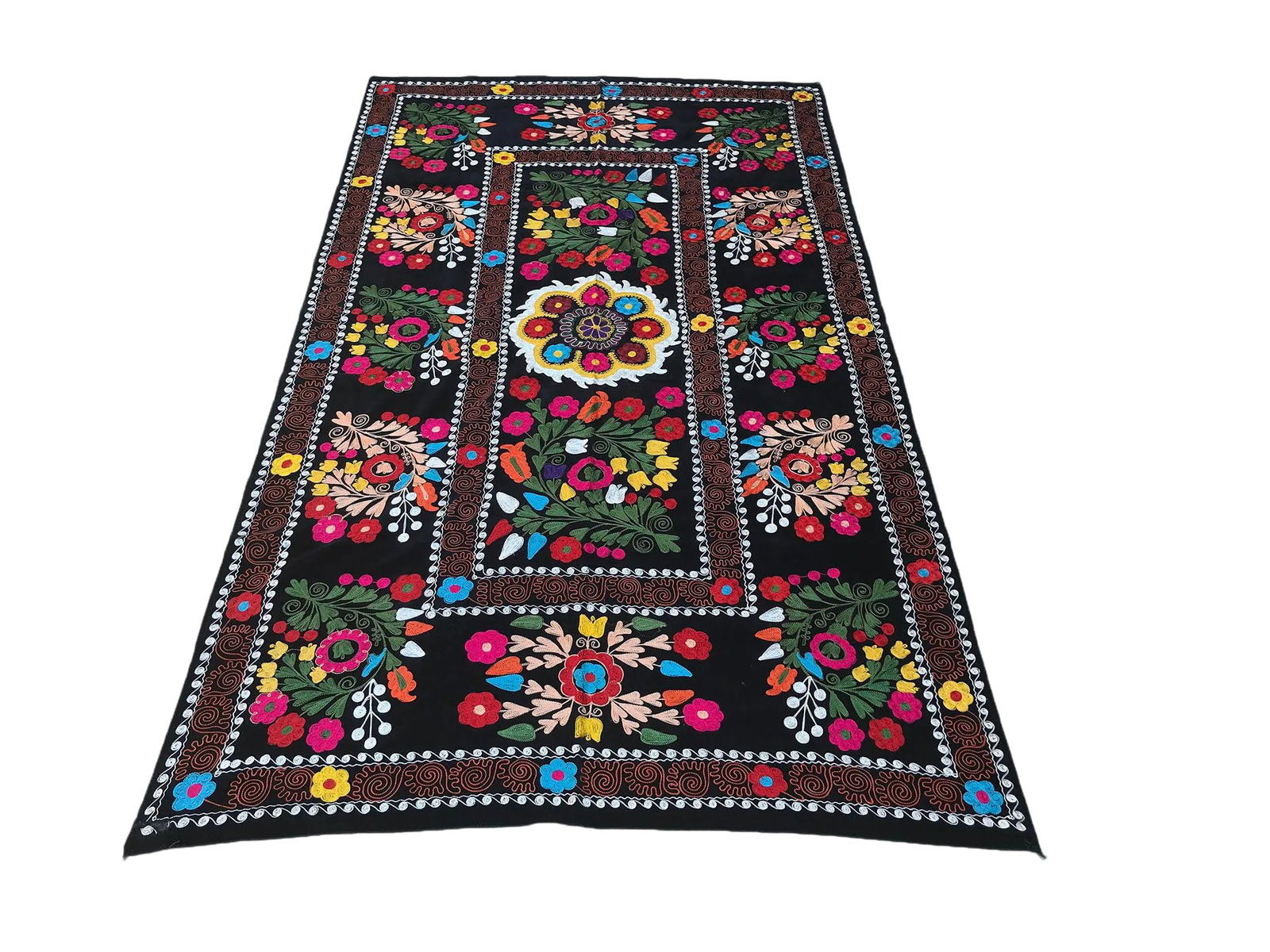 Velvet Suzani Boho Wall Hanging/Throw: Black Machine Embroidery Suzani Wall Hanging - Bedspread - VELVET Suzani Fabric * Bohemian Flower Patterns * Multicolor and ORIGINAL Vintage * Size 7.5 FT x 4.3 FT ( 230 CM x 134 CM ) Condition: Alter