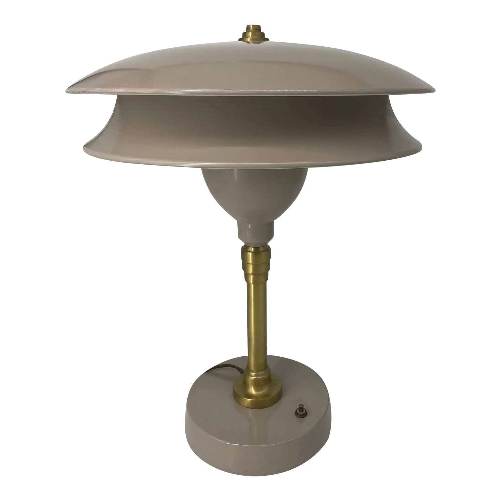 Vintage Mauve and Brass Art Deco Flying Saucer Lamp by Art Specialty Co.: Flying saucer lamp made by Chicago based Art Specialty Co. This Art Deco or Bauhaus/Industrial style metal lamp from the mid century features a two-tier flying saucer circular fixed shade. Heavy with