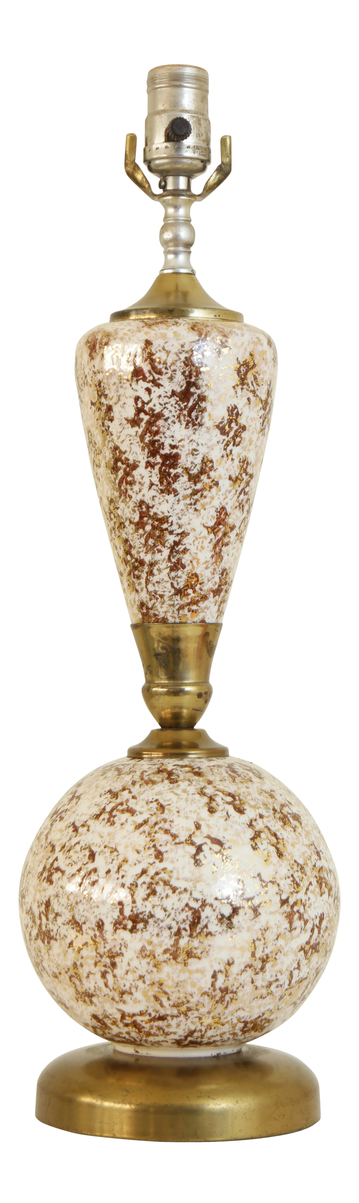 1940s Vintage Gold & White Speckled Table Lamp: A vintage table lamp, made of ceramic & brass. In excellent condition, cosmetically and functionally. No chips, cracks, or major scratches. Brass shows patina. Has been plugged in and tested with a
