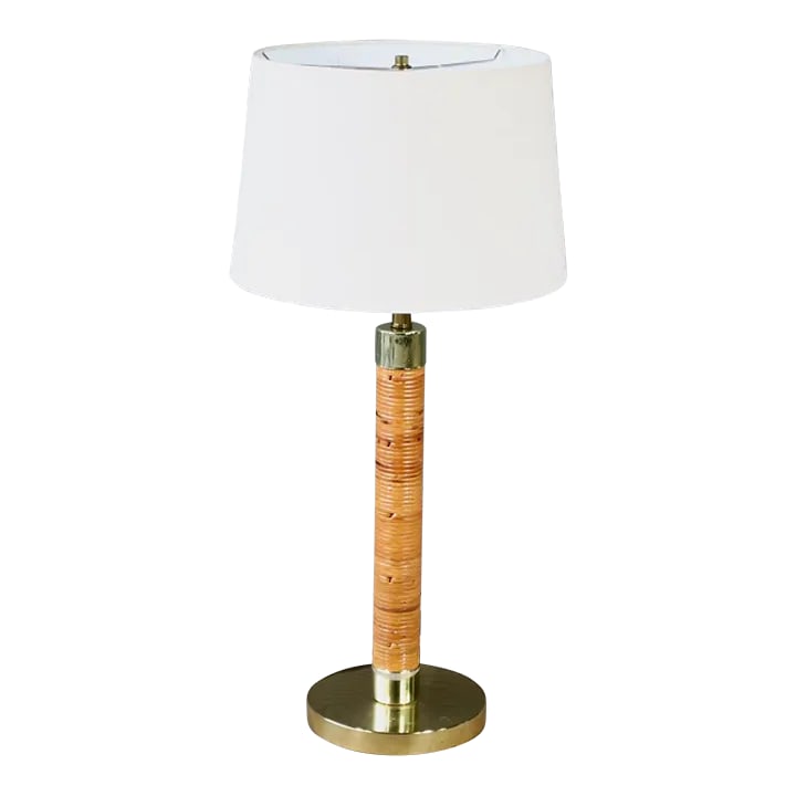 Vintage Cane Wrapped Brass Table Lamp Mid Century Pencil Rattan Modern 70's Retro Bohemian Boho Chic: Very cool vintage rattan/cane wrapped and brass plate table lamp. It is in very nice vintage condition overall with a couple tarnish spots on the base but no major issues. It has been tested and is fu