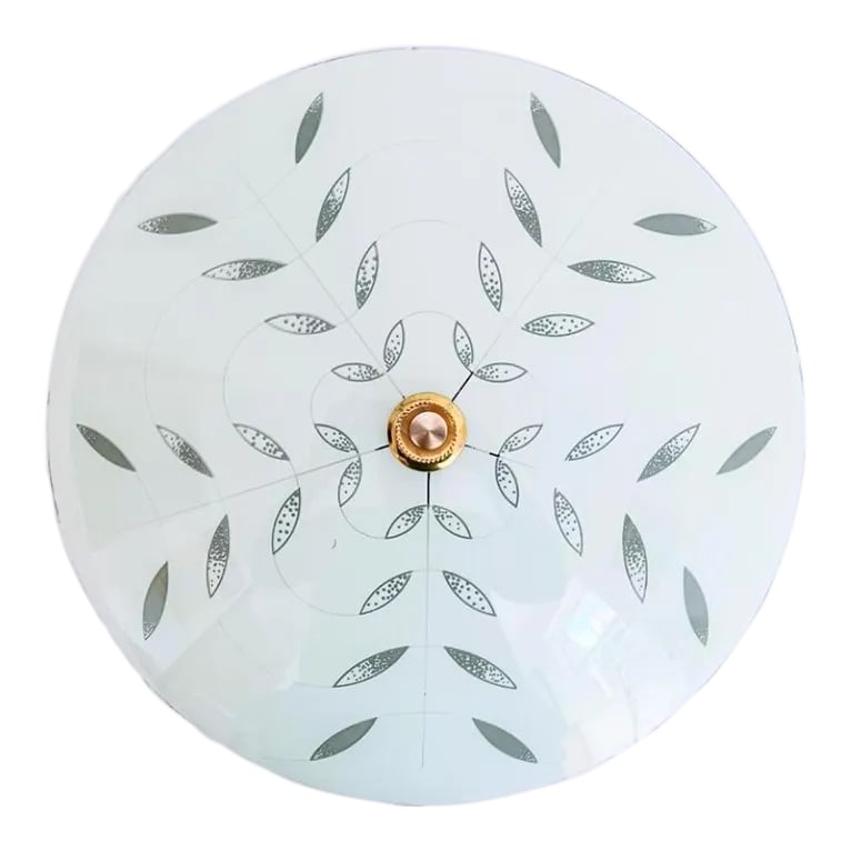Modern Floral Flush Light, C1970: Chic modern domed and frosted glass flush mount light with a concentric ringed floral design accented by radiant layered leaves and optional gold plastic liner. New wiring and sockets for standard