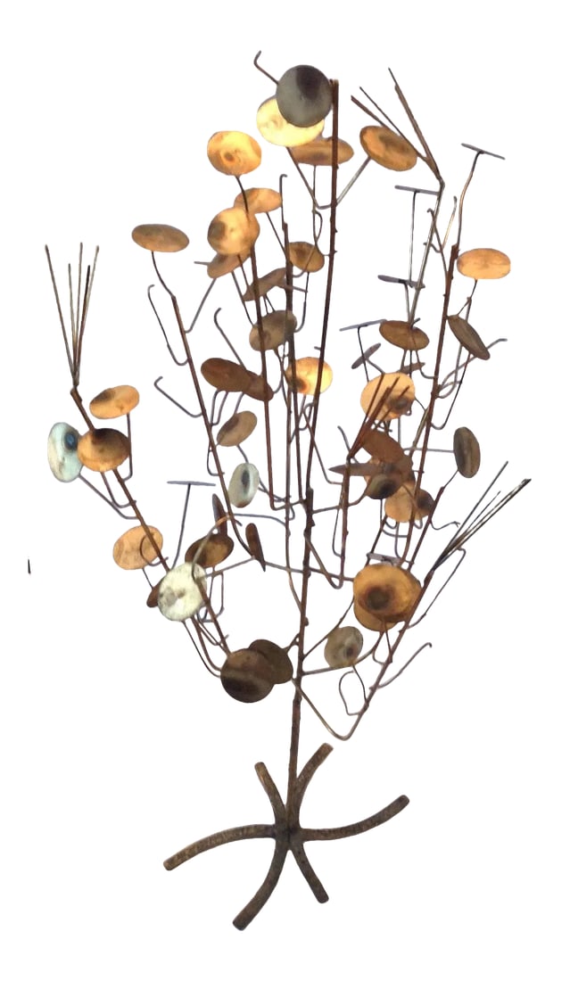Vintage Mid-Century Brutalist Free Standing Metal Work Tree Sculpture by C. Jere Rain Drop: Curtis Jere handmade metal, free standing tree sculpture circa 1960s. This Rain Drop tree does have a few leaves missing but does not take away any of its beauty. Otherwise in great vintage