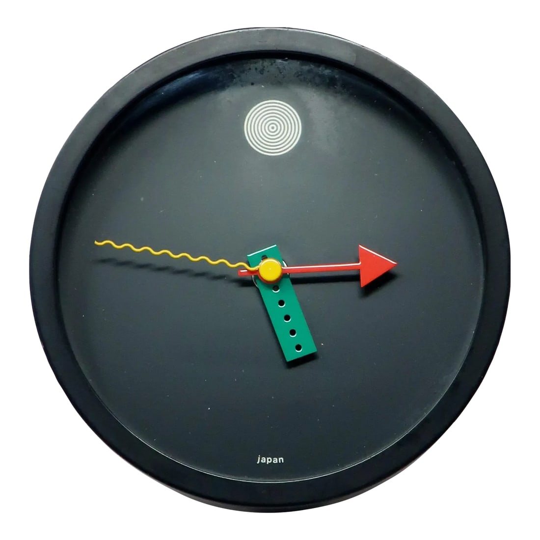 1980s Postmodern Wall Clock by Shohei Mihara for Wakita: A perfectly elegant and sophisticated 1980s wall clock designed by Shohei Mihara for Wakita. Postmodern, Memphis Group-influenced design at its finest! Black with white, red, green, and yellow