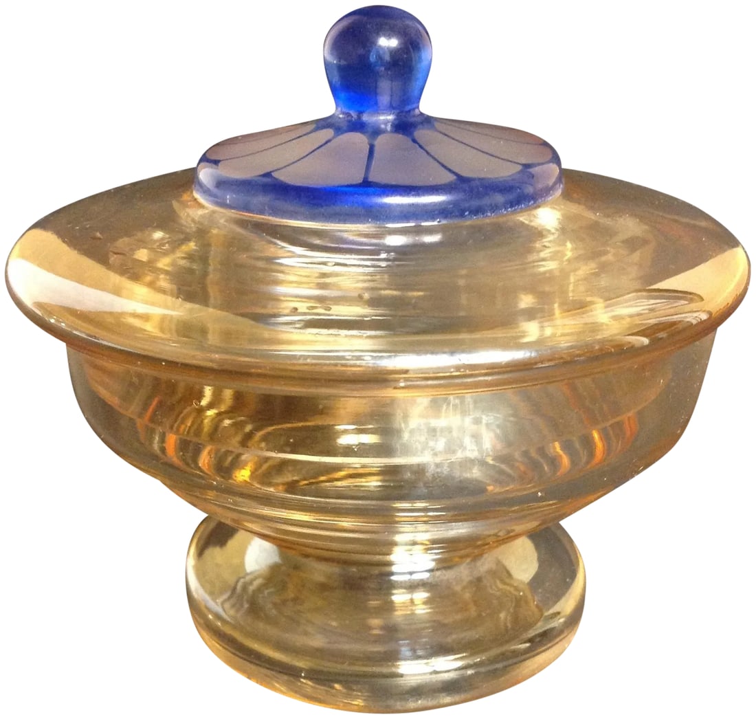 Vintage Art Deco Iridescent Czech Glass Candy Dish: Art Deco iridescent Czech glass candy dish, circa 1920. Gold dish with blue flashed and cut floral decor lid. Condition: Condition Notes: Excellent - Minor wear consistent with age and history