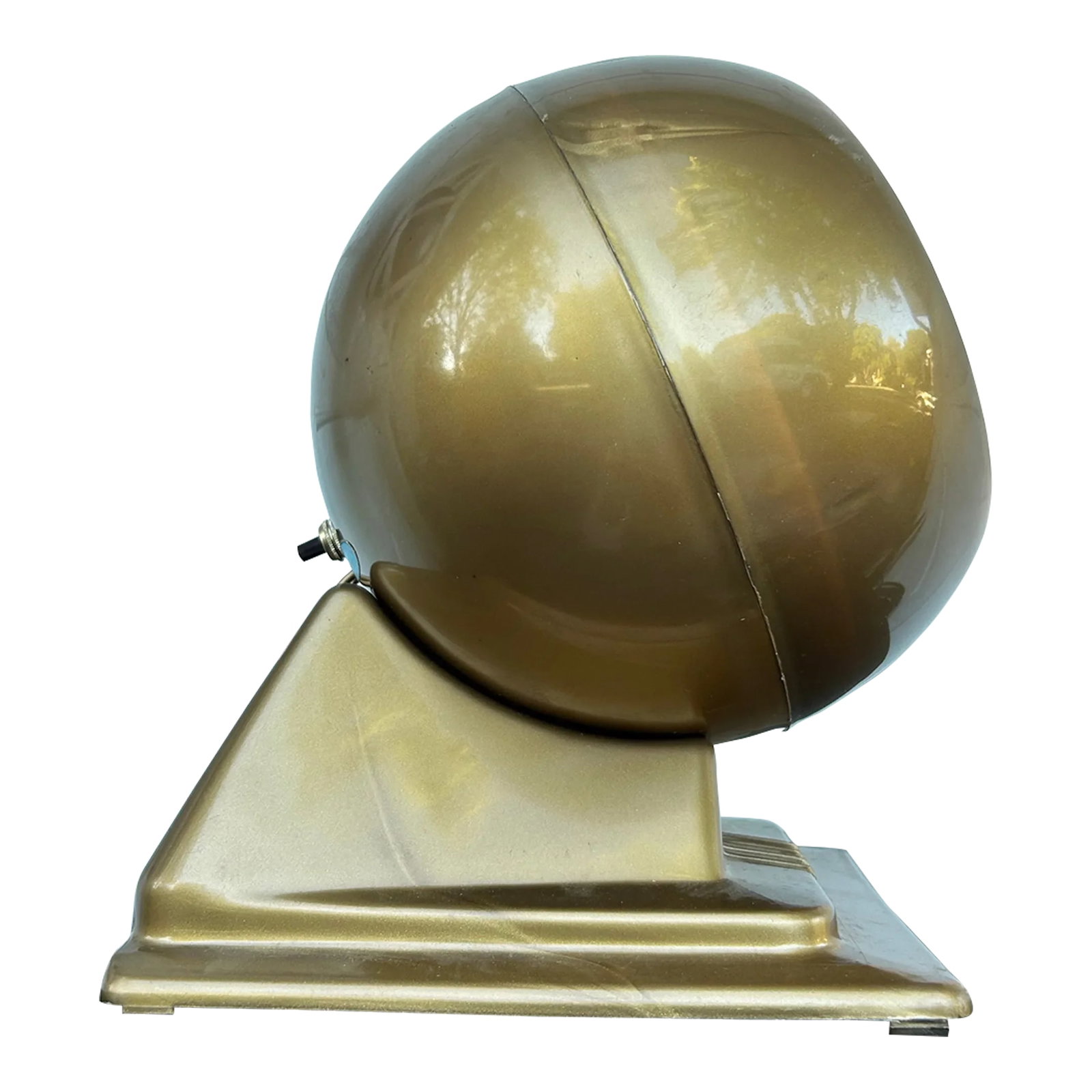 Late 20th Century Gold Adjustable Eyeball Lamp: One of a kind super cool vintage space age ball shape table lamp. Swivels on a base up or down or side to side. Made of gold tone plastic. UL listed. Uses a regular bulb. Works great. Switch is