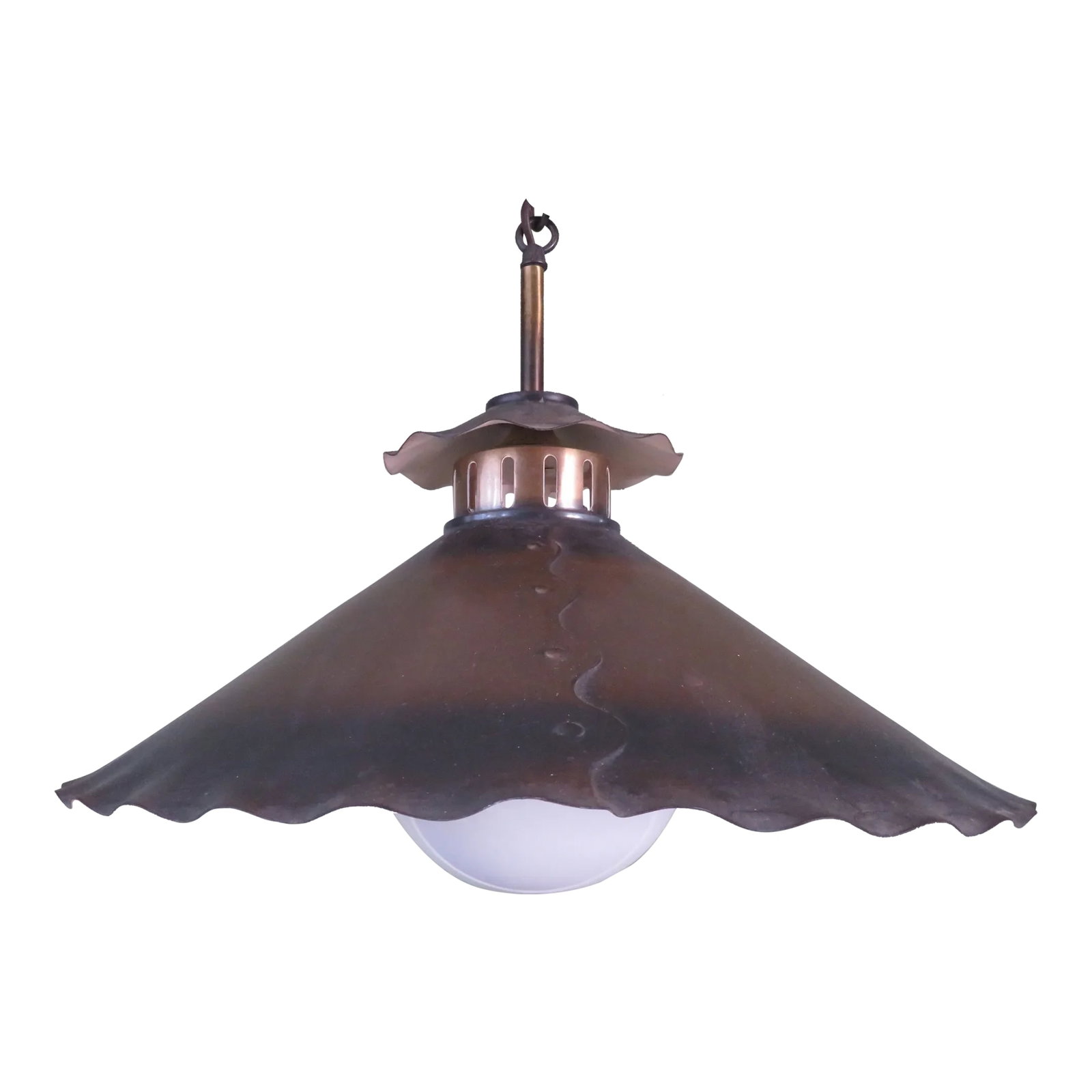 Vintage Hooded Hanging Lamp Pendant Light Metal With Long Decorative Chain: This is a really cool hanging light fixture! It is a metal ceiling lamp with a wide scalloped hood. The hood keeps the light projected on a focused area such as a table or reading area. It is painted