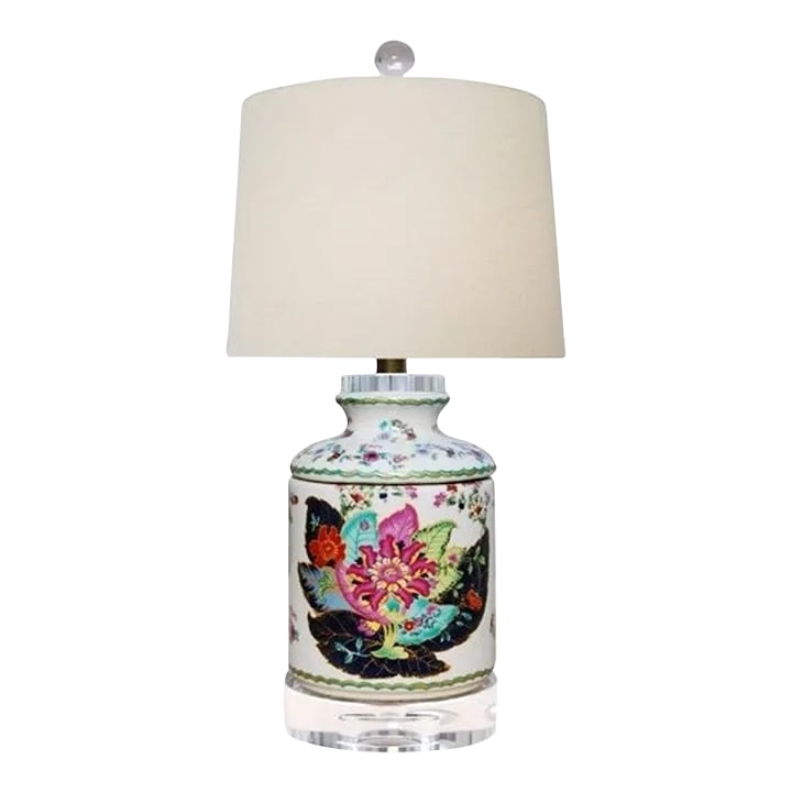 Crystal Tobacco Leaf Jar Lamp: Lovely tobacco leaf lamp has a lucite base. 5.5" in diameter at the base; 9.8" to the top of the socket, 17" to the top of the shade. Includes a new retro drum hard back shade, does not include bulb. 