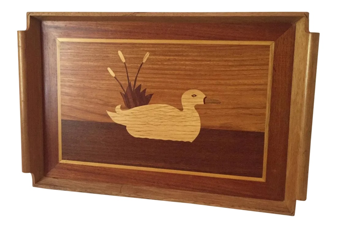 Vintage Wood Inlay Goose Waterfowl Serving Tray: Vintage wood inlay goose waterfowl serving tray. Of the period: mid-century, modern country: unknown date of manufacture: 1980s materials: wood, inlay condition: very good wear: wear consistent to