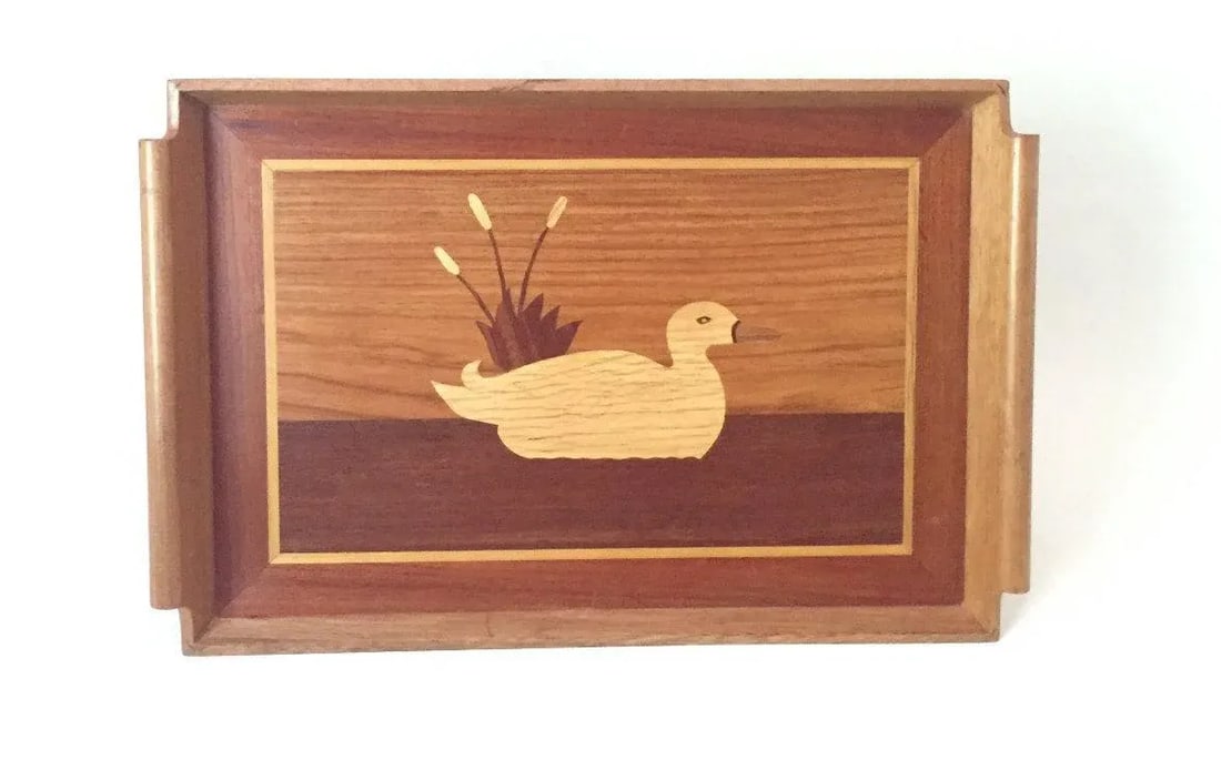 Vintage Wood Inlay Goose Waterfowl Serving Tray - 2