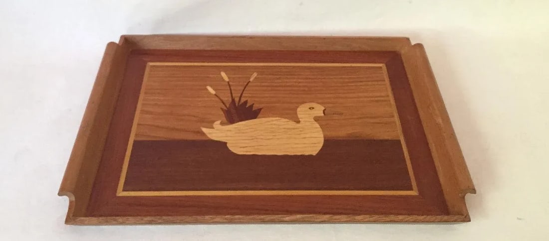 Vintage Wood Inlay Goose Waterfowl Serving Tray - 3